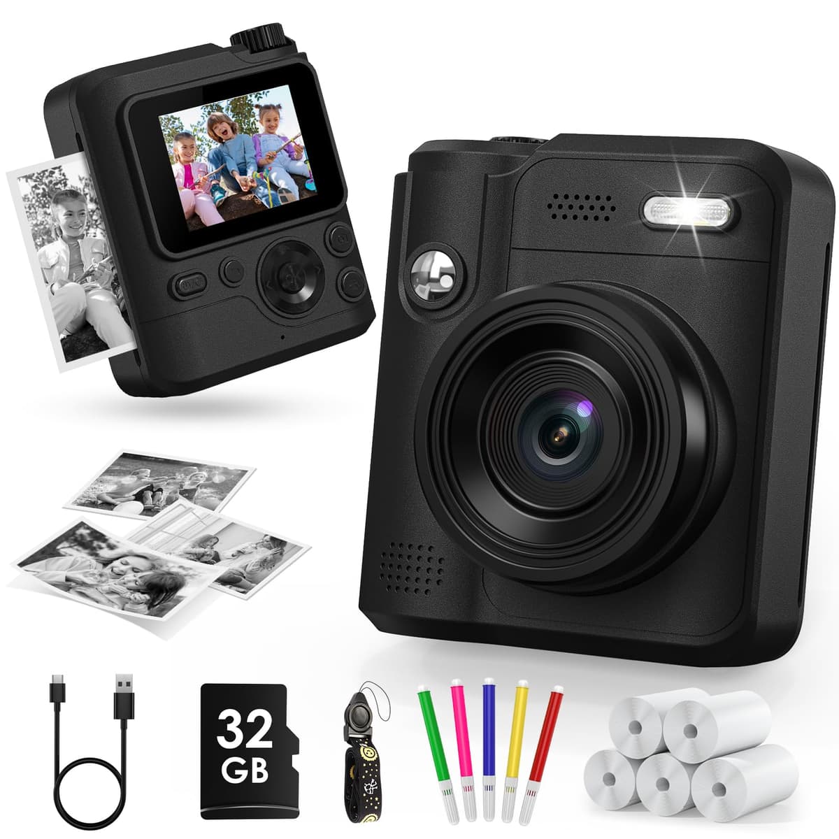 Gofunly Camara Fotos Infantil Instantanea, 2,0" 1080P Camara Fotos Infantil con Tarjeta de 32GB y Papel Fotografia, Juguete Cámara Instantánea Regalos para Niños y Niñas de 3-12 Años (Negro)