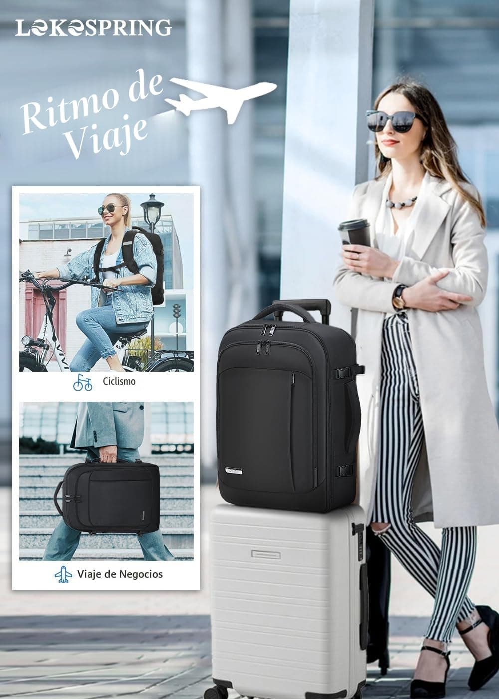 Lekespring Mochila de Viaje para Cabina de Avión 40x20x25 (20L), con Compartimento Húmedo y 6 Bolsas Organizadoras - Negocios y Escuela - Negro — view 2