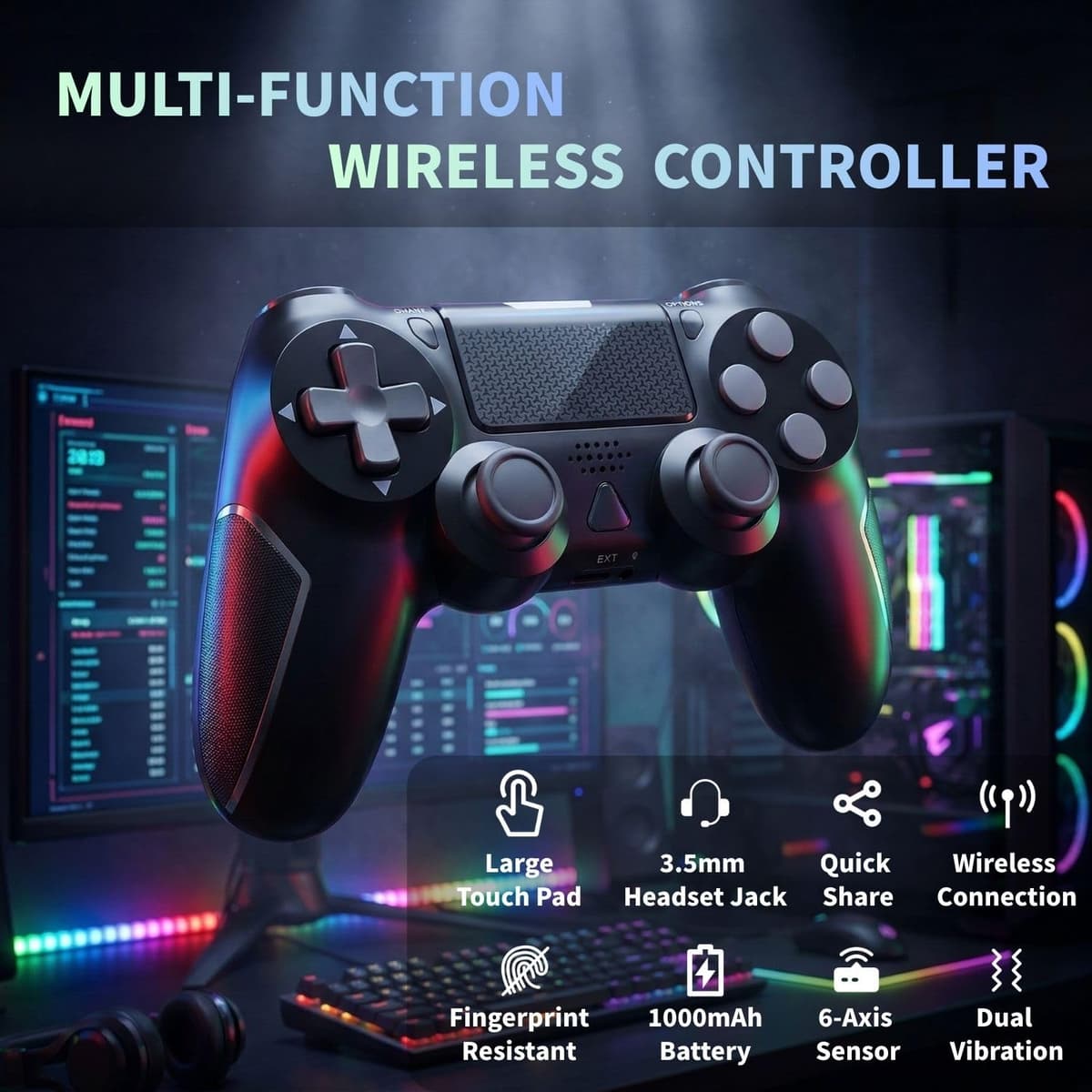BJXOZ Wireless Controller for PS4, Gamepad with Type-C Port/Hyper-Sensitive 360° Sticks/Vibration/Ergonomic Grip/Speaker/6-Axis Sensor/Audio Jack/Multi Touch Pad, for PS4/Slim/Pro/PC — view 6