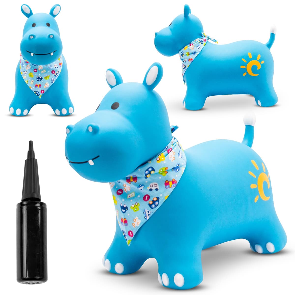 sun baby Saltador Hinchable para Niños hasta 45 Kg sin BPA, de 1 año, Pelotas saltarinas para niños (Hipopótamo Azul con pañuelo)