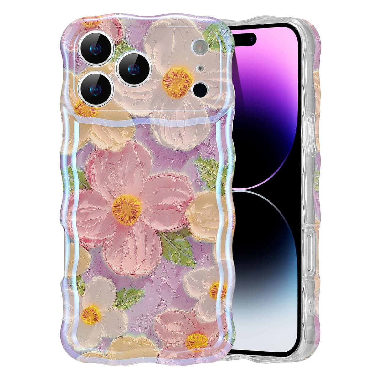 EYZUTAK Case for iPhone 16, Colorful Retro Oil Painting Printed Flower Laser Glossy Pattern Cute Curly Wave Edge Exquisite Phone Cover Stylish Durable TPU Protective Case for Girl Women-Green — view 80