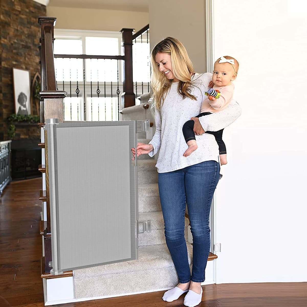 Retractable Stair Gate for Baby, Extra Wider Safety Dog Gate 150cm, 86cm Tall, One Hand Operated Baby Gate for Stairways & Hallways, Indoor & Outdoor, Grey (150cm) — view 2
