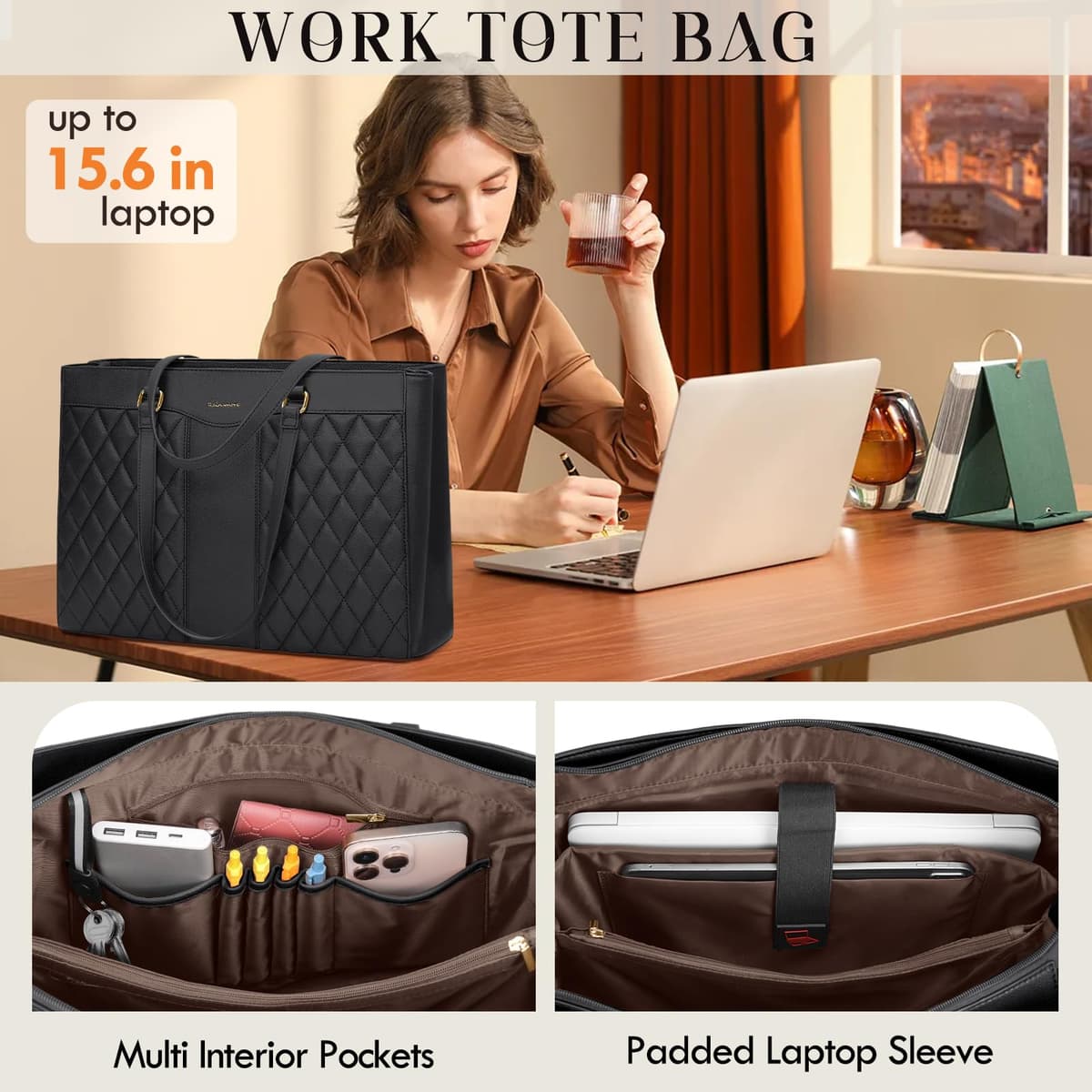RAINSMORE Laptop Bags for Women 15.6 Inch Work Tote Bags with Clutch, Waterproof PU Leather Ladies Laptop Handbags for Office Business College Black — view 3