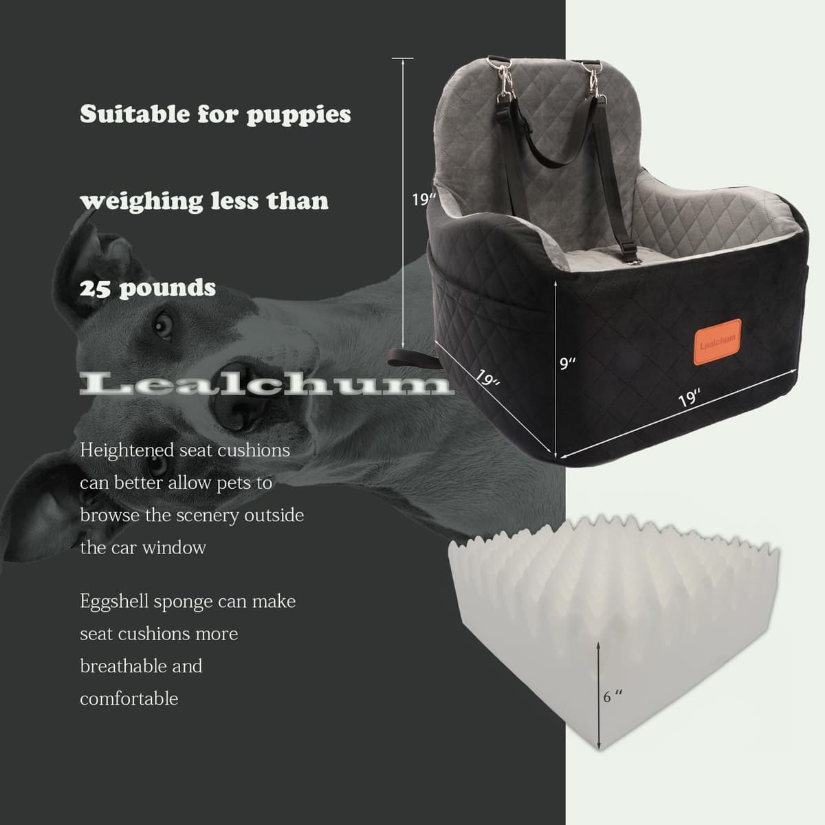 Lealchum Dog Booster Car Seat for S/M Dogs Up to 35lbs,Soft 6in Elevated Cushion,Fits in Front/Back Seat,Fully Detachable and Washable,2 Storage Pockets & 3 Straps,Easy to Install (Black/Brown,Medium) — view 2