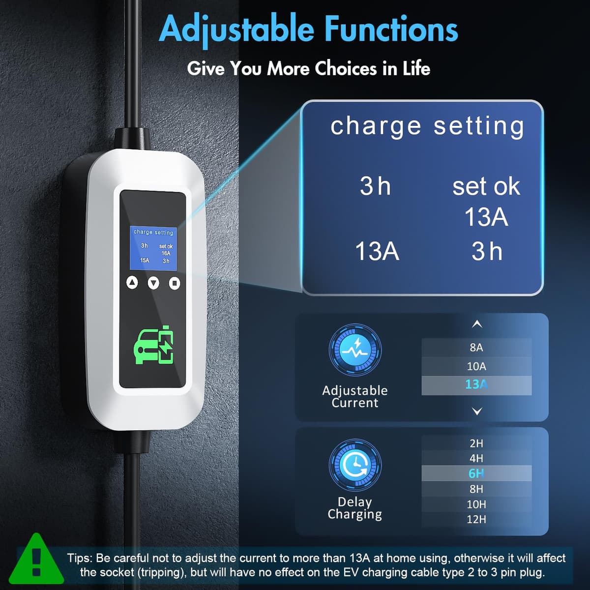 FNITAER EV Charger Cable Type 2 to 3 Pin Plug 2.99kw, 6M, 8/10/13A, Adjustable Current EV Charger,With LED Screen Timing Delay IP66/IP65, With Carry Bag and Type 2 EV Cable Holder for EVs and PHEVs — view 3