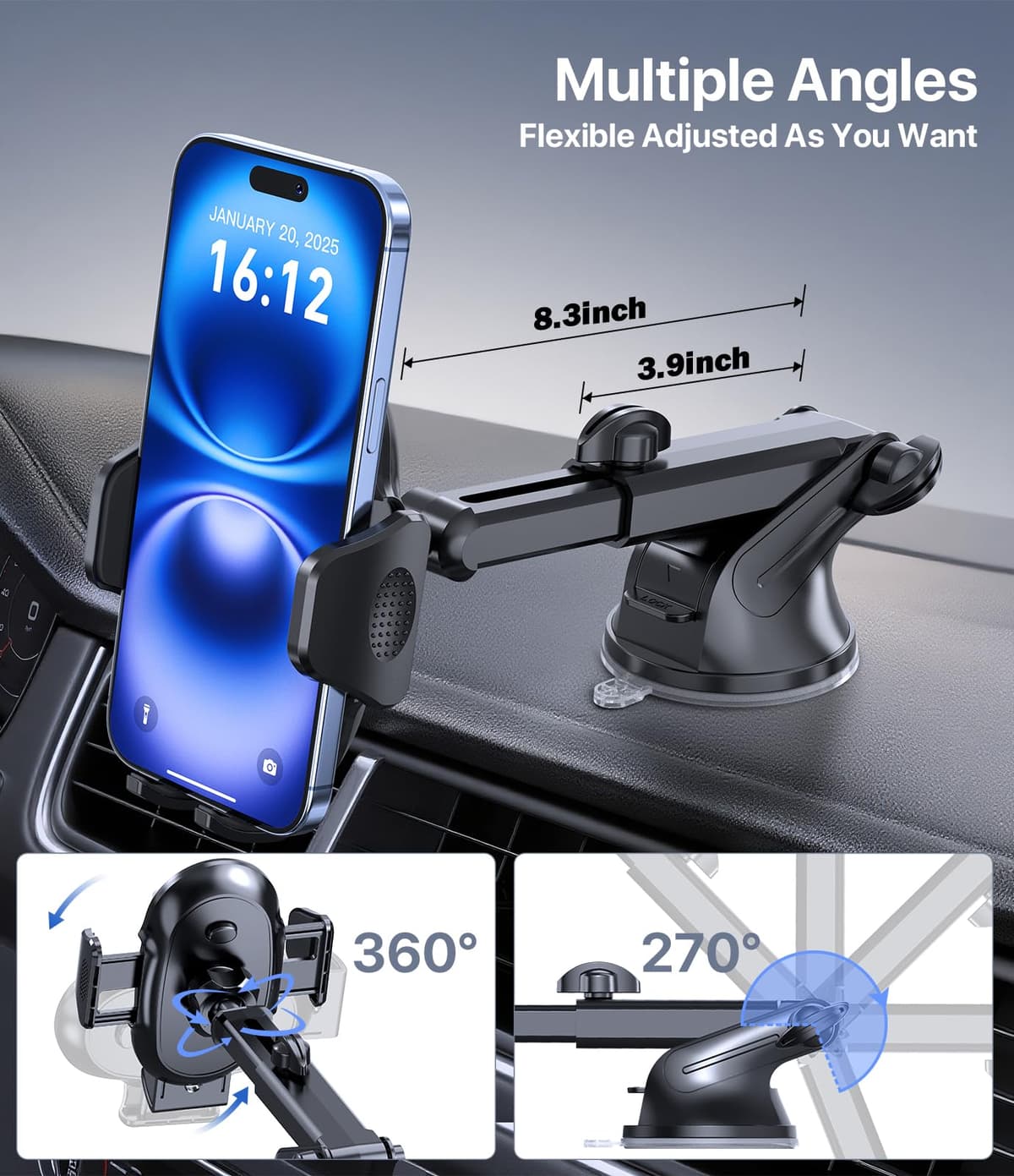 Miracase Car Phone Holder for Cars Air Vent Dashboard Windscreen Desk, 4in 1 Mobile Phone Mount Automobile Cradle 360° Rotatable Stand Vehicle Mount for iPhone 17 16 15 Pro Plus Max 14 13 12 11Samsung — view 4
