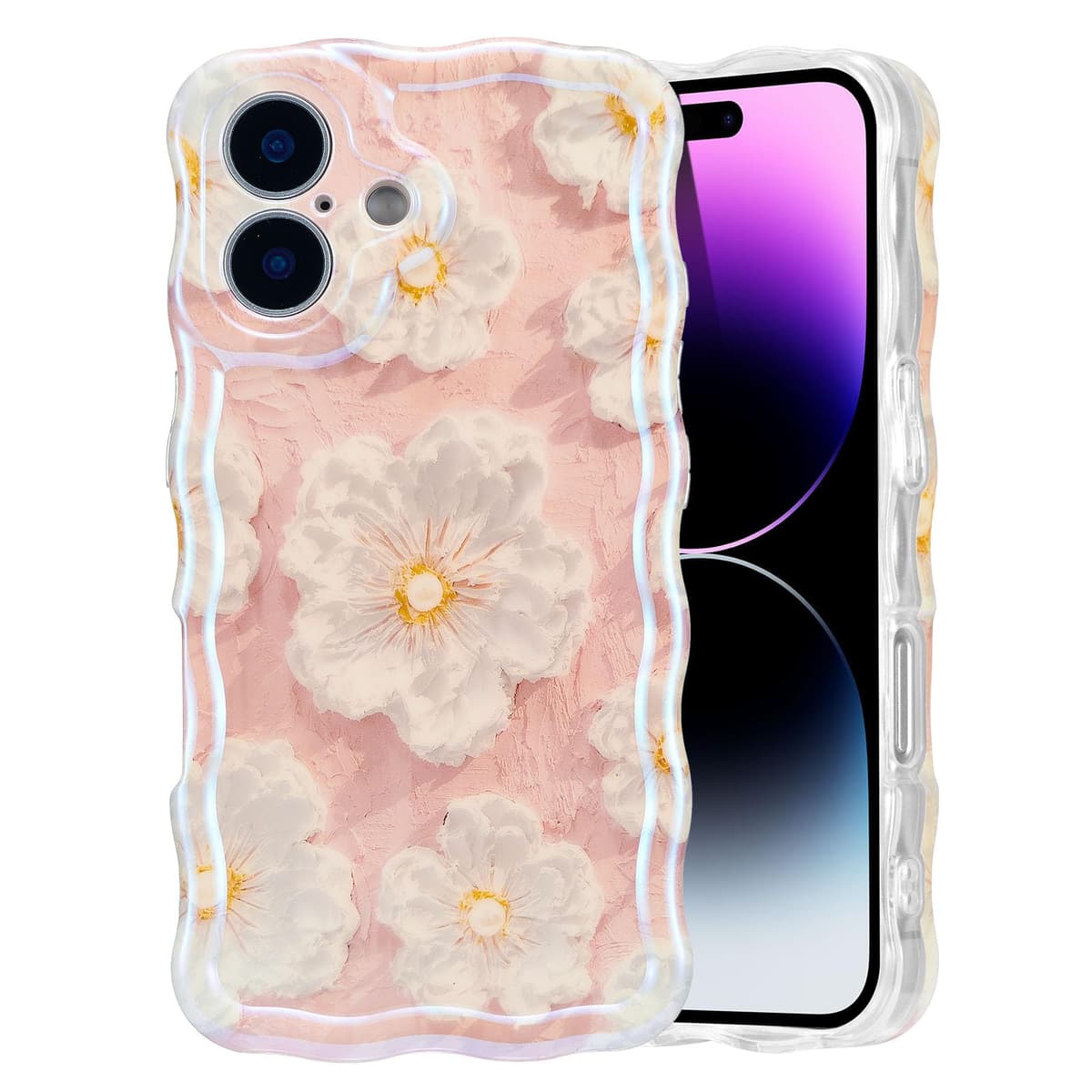 EYZUTAK Case for iPhone 16, Colorful Retro Oil Painting Printed Flower Laser Glossy Pattern Cute Curly Wave Edge Exquisite Phone Cover Stylish Durable TPU Protective Case for Girl Women-Green — view 57