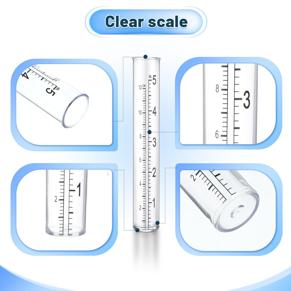Larrel 2 Pcs Plastic Rain Gauge Replacement Tubes, 5 Inch Clear Practical Outdoor Rain Gauges with Dual Scales Outdoor Rains Gauges for Outdoors Garden Yard Home Using — view 3
