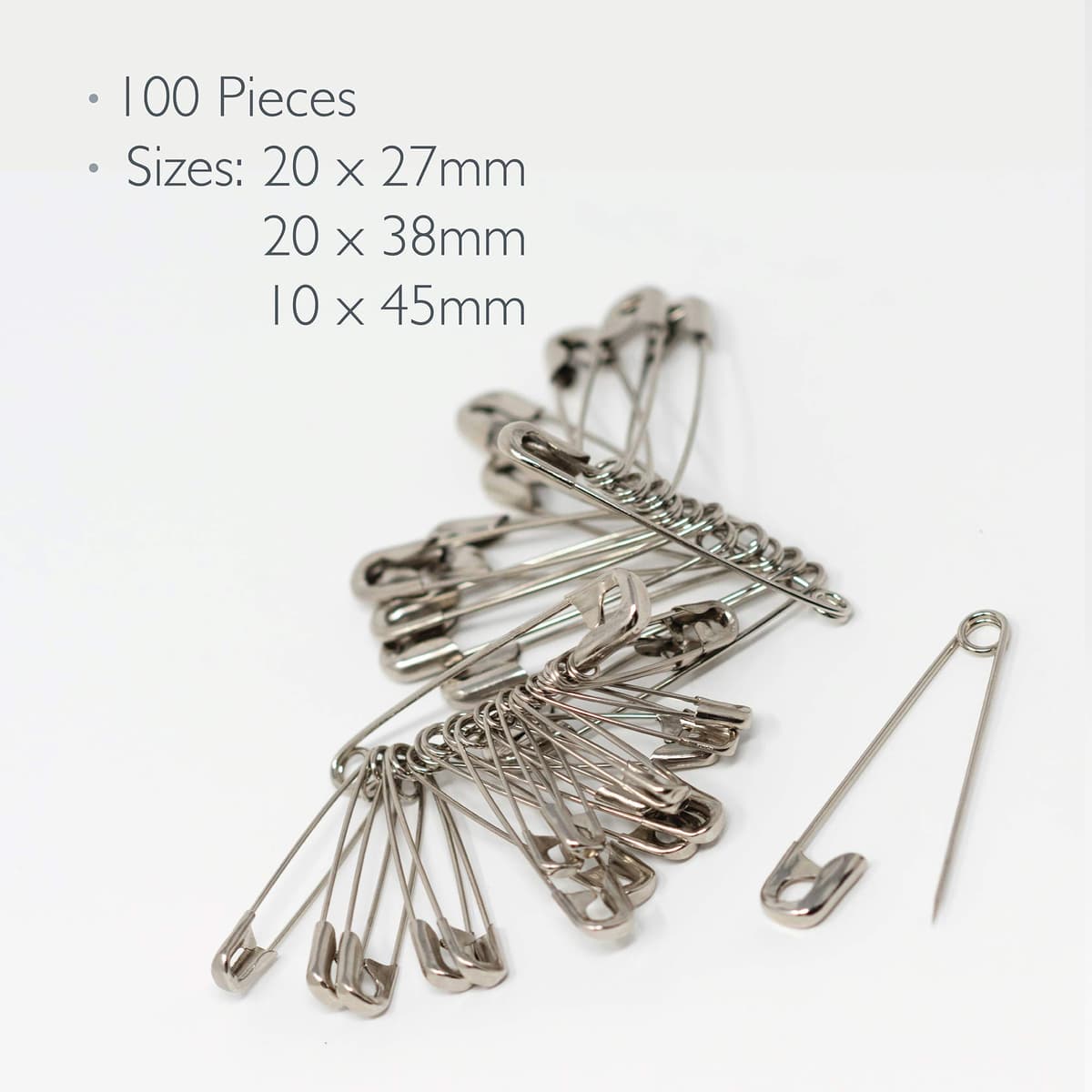 Korbond Silver Safety Pins - 50 Pieces; Professional Grade, Sharp Point, Heavy Duty, Nickel – Crafting, Sewing, Pinning, Fabrics, Saree, Sari; 3 Sizes: Small 20x27mm, Medium 20x38mm, Large 10x45mm — view 2
