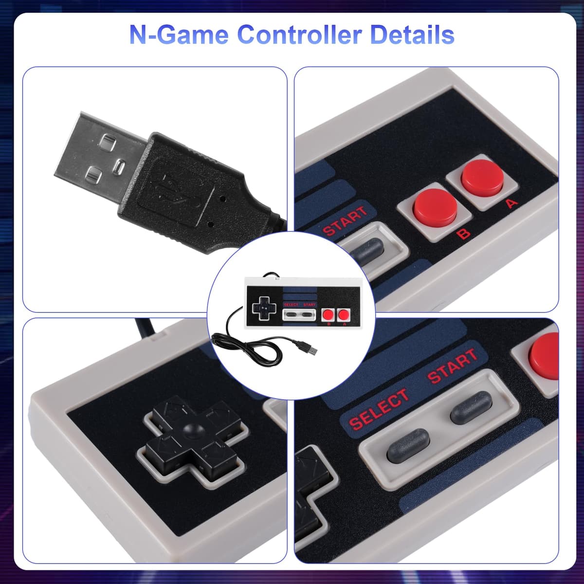 Binghe NES Game Controller, Controlador de juegos NES con USB Interfaz Modelo clásico Compatible con Nintendo NES/PC/M-A-C/Raspberry Pi 3(2 Piezas) — view 3