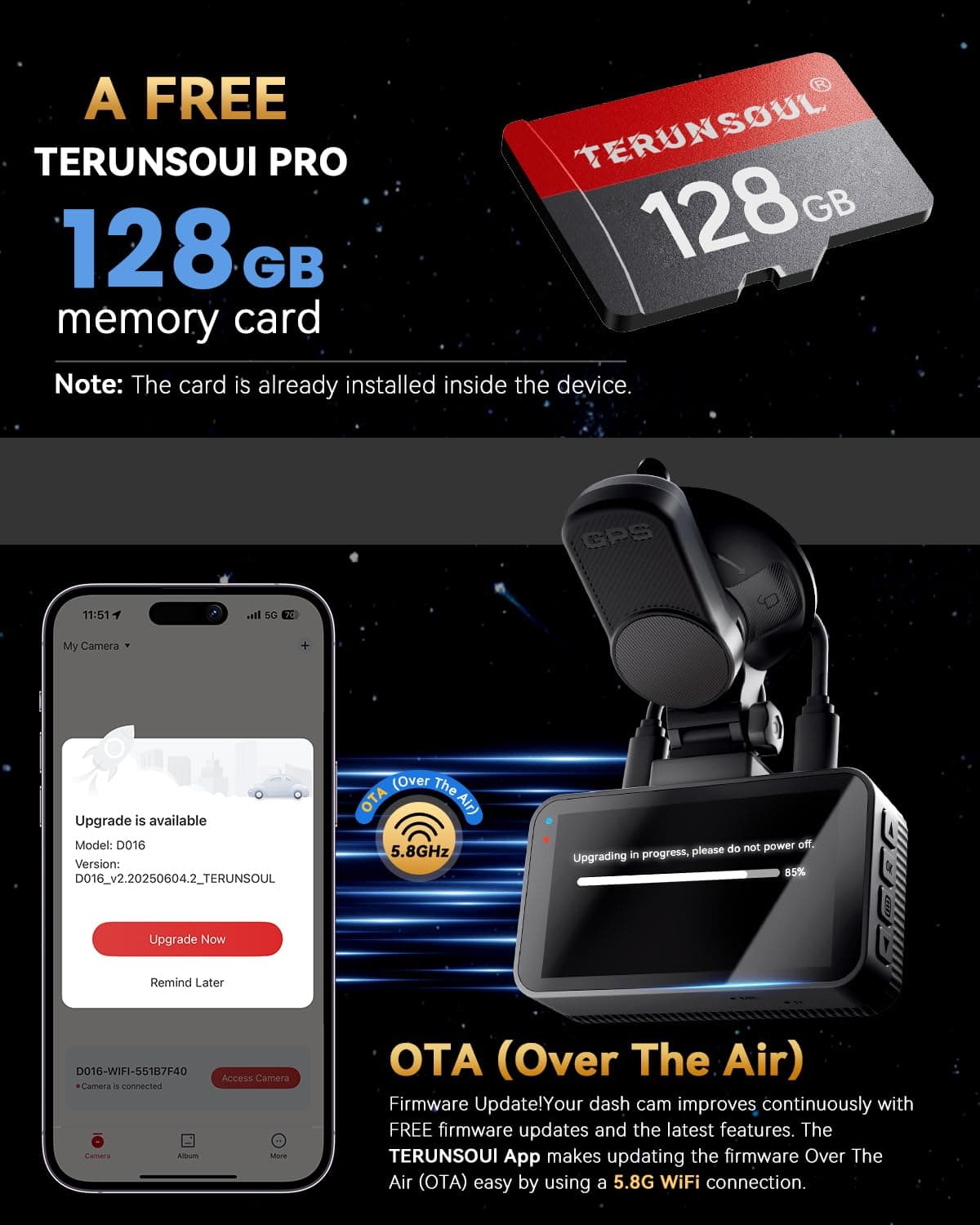 TERUNSOUl 4K+4K Dash Cam Front and Rear, Free 128GB Card Included, 5.8GHz WiFi Dash Camera for Cars, Built-in GPS, G-Sensor, 170°Wide Angle, 3" IPS Screen, 24H Parking Mode, Support 512GB Max — view 7