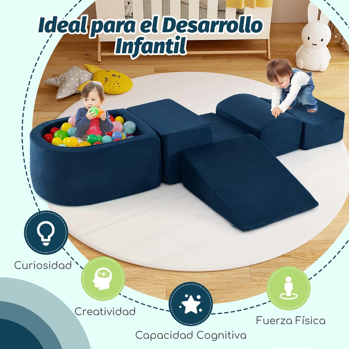 COSTWAY Juego de Escalada y Rampa de 5 Piezas, Bloque de Escalada con Piscina de Pelota Infantil, Funda Lavable a Máquina con Cremallera, Bloques de Construcción, Sin Pelotas de Mar(Marina de Guerra) — view 5