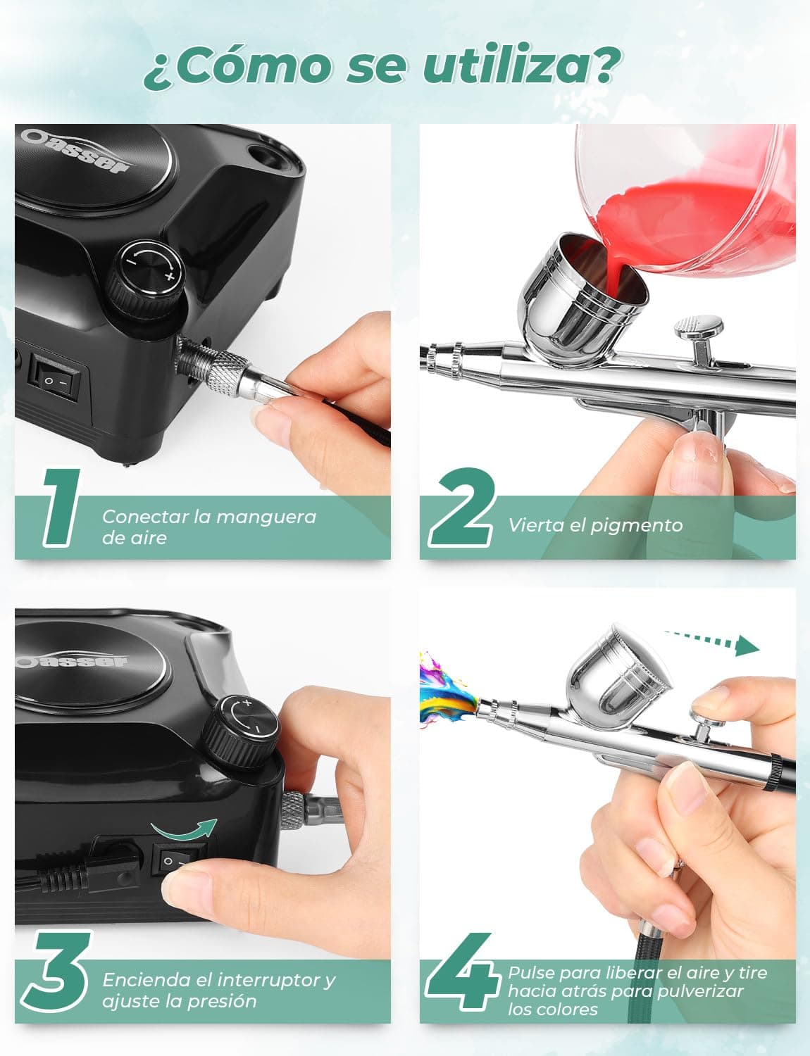 Oasser Kit Aerógrafo con Compresor Profesional Airbrush 36PSI Doble Acción Juego Pistola Regulación Voltaje Continua Modelos Decoración Tartas Uñas — view 5
