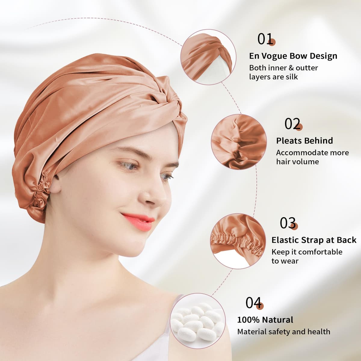 townssilk Gorro de noche para mujer, 100% seda de morera, gorro de ducha de seda de 16 mommes, bueno para el cabello, protege el cabello, gorro de noche de seda, doble capa, canela — view 3