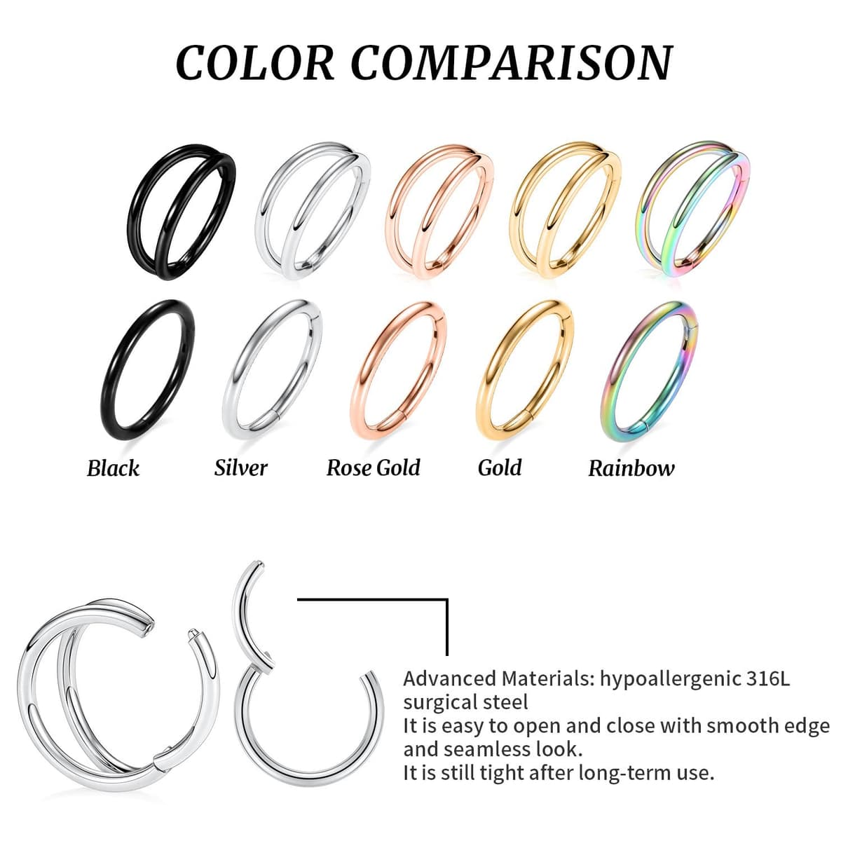 GAGABODY 2 Pcs Nose Rings 20G 18G 16G 14G 12G 10G 8G Surgical Steel Piercing Rings for Nose Septum Cartilage Helix Tragus Conch Rook Daith Lobe from 5mm to 16mm Seamless Hoop Unisex Hinged Earrings — view 2