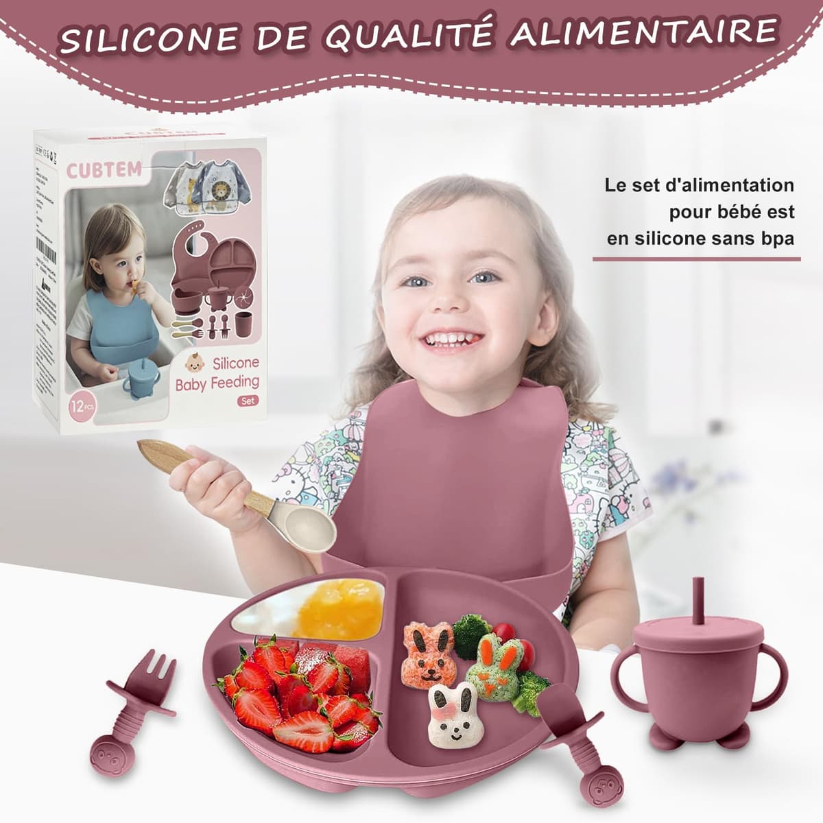 Juegos de Vajilla Bebe,Juego de 12 Piezas Platos Bebe con Ventosa, Cubiertos Bebe,Baby Led Weaning,Cubiertos Infantiles,Cuchara Bebe,Babero Silicona Bebe,Plato de Silicón Antideslizante Sin BPA — view 2