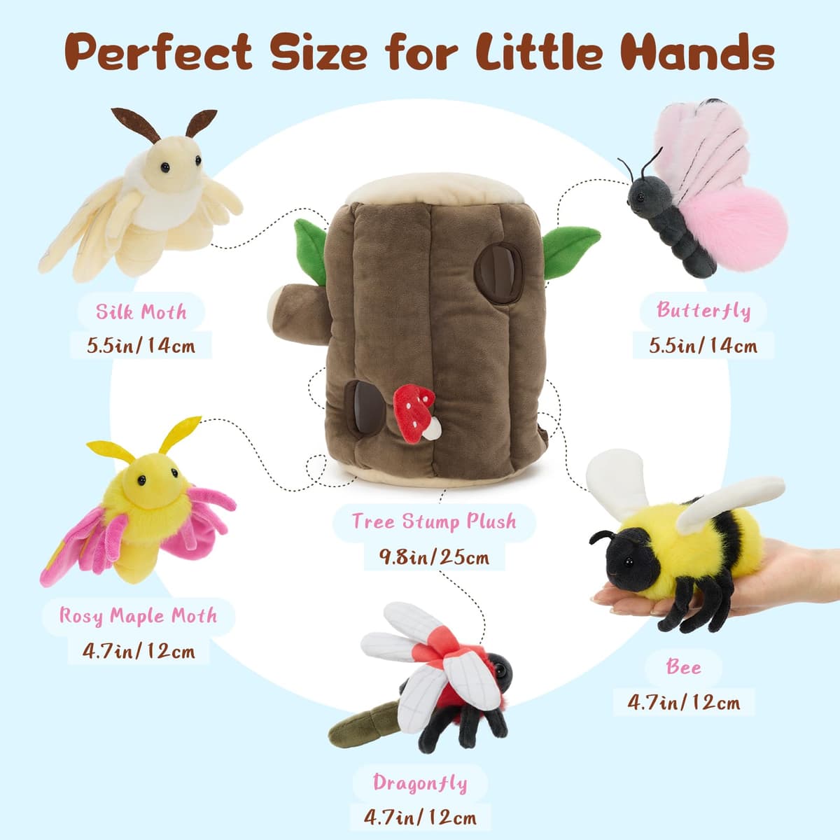MorisMos Big Stump with Insectes Teddy Soft Toy, 25cm Cuddly Fluffy Tree stump with 5 winged small insects，Plush Stuffed Animal Teddy Gift for Kids Birthday Deco — view 2
