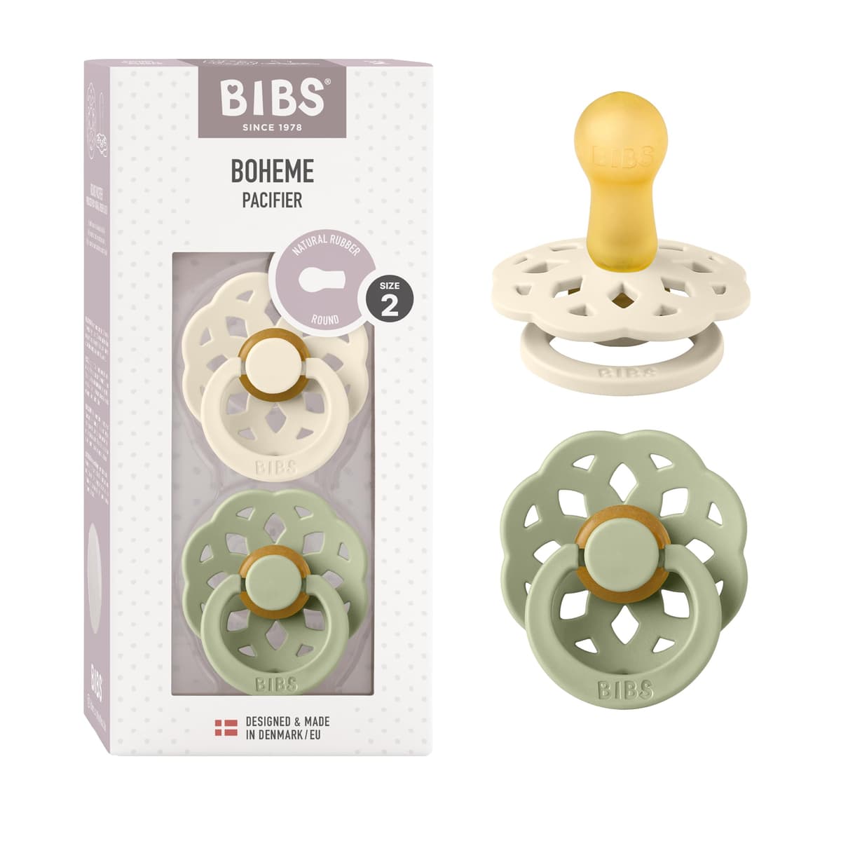 BIBS Boheme Soother 2-Pack. BPA Free. Round Nipple. Natural Rubber Latex, Made in Denmark. Size 2 (6-18 Months), Blossom/Dusky Lilac — view 17