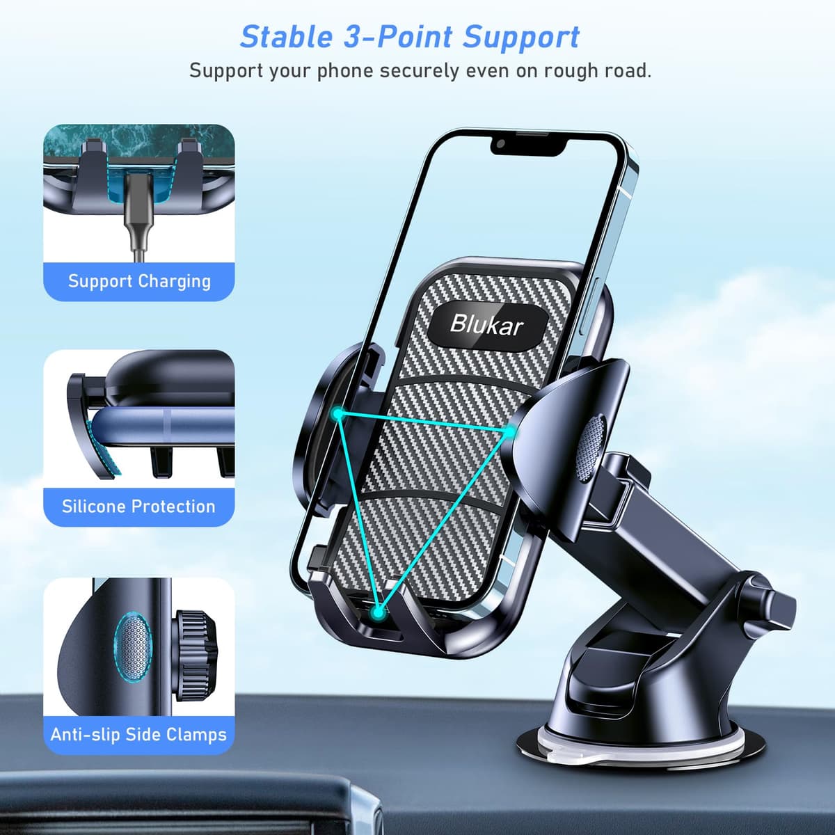 Blukar Car Phone Holder, Adjustable Car Phone Mount Cradle 360° Rotation - 4 in 1 Super Stable for Dashboard/Windscreen/Air Vent, One Button Release for All 4.7 to 6.7 inch Smartphones — view 3