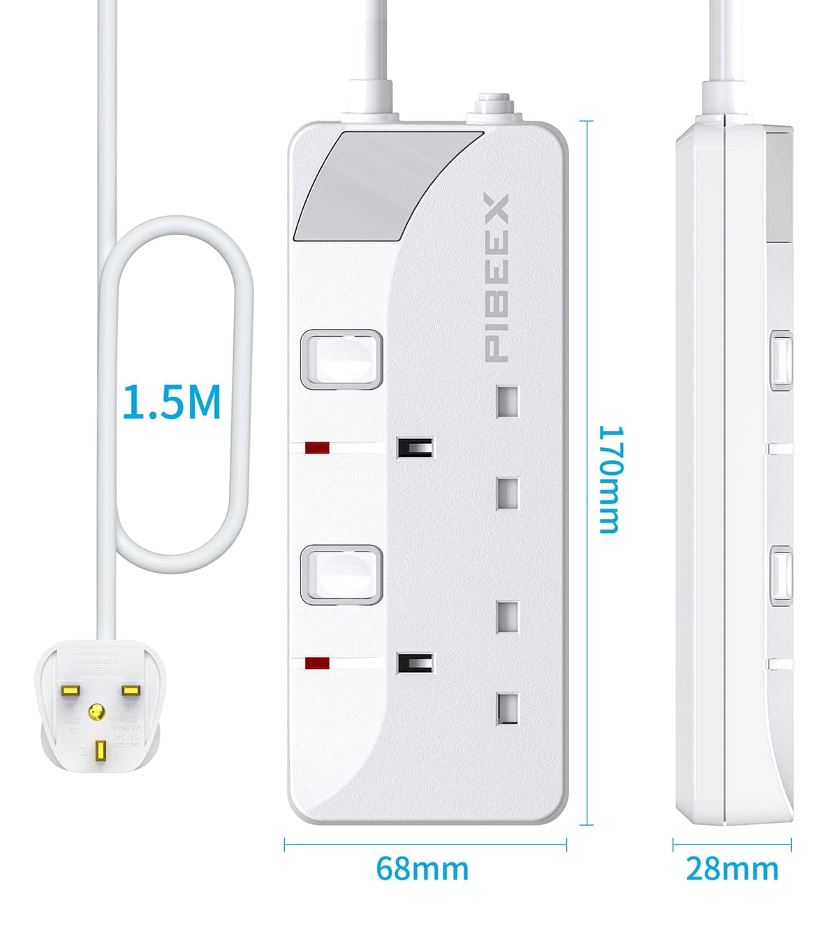 PIBEEX Extension Lead 2 Way Plug Sockets with Individual Switches Wall Mountable Power Strip 1.5M Extension Cable 13A Fused UK Plug 3250W — view 7