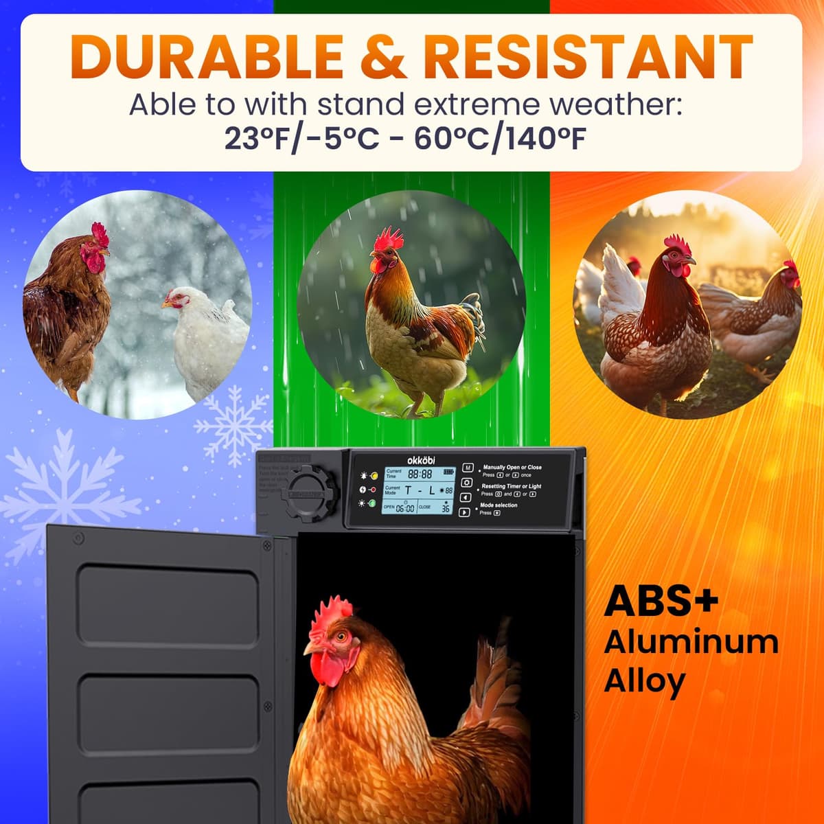 Okköbi Automatic Chicken Coop Door PRO - Light Sensor & Timer - Anti-Pinch Function - Wide Opening - New Model - Solar Powered with LCD Display & Remote Control - 5 Year Protection — view 5