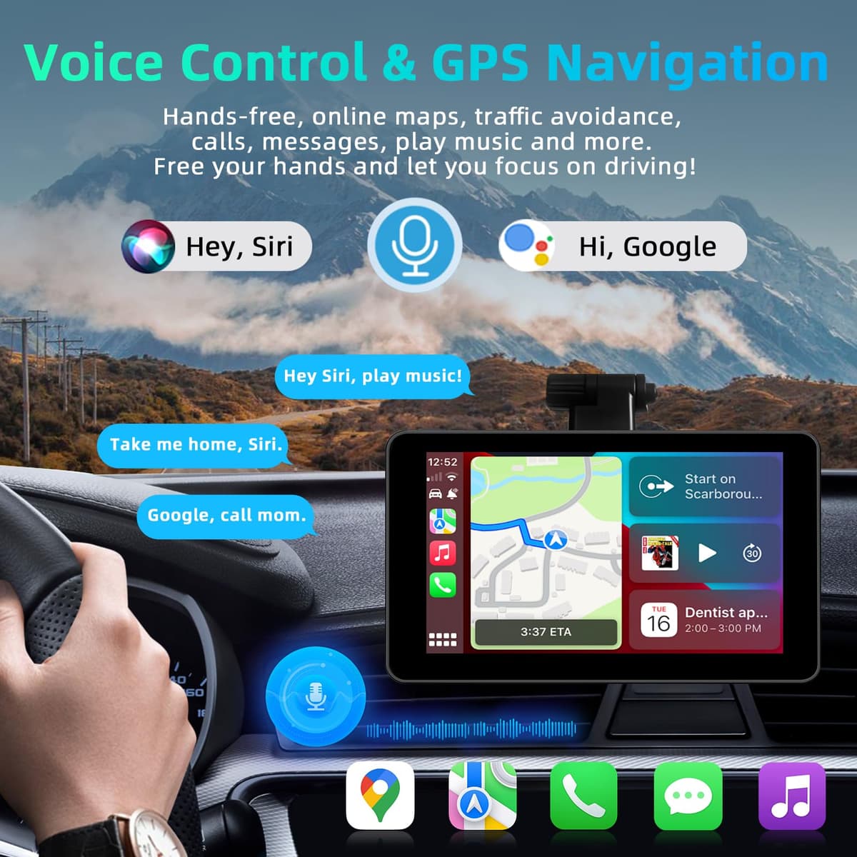 7 Inch Apple Car Play Screen Android Auto Screen, Car Tablet with Bluetooth/FM/AUX, Support Mirror Link/Voice Control/GPS Navigation — view 3