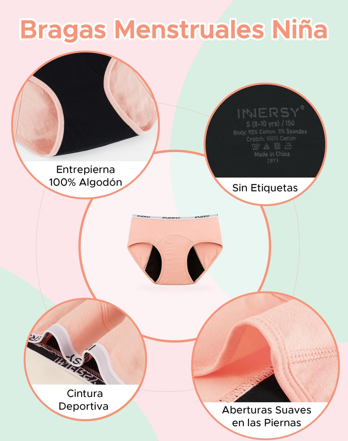 INNERSY Bragas Menstruales Niña Ropa Interior Protección Algodón Braguitas Regla 8-16 Años Pack de 3 — view 3