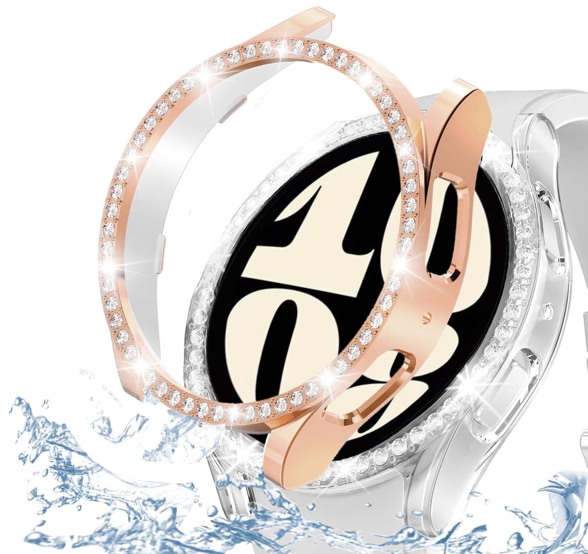 DEALELE [2-PACK] Case Compatible with Samsung Galaxy Watch FE / 5/4 40mm, Bling Double-row Diamond PC Protective Case Protector Cover, 40mm, Rose gold + Transparent — view 31