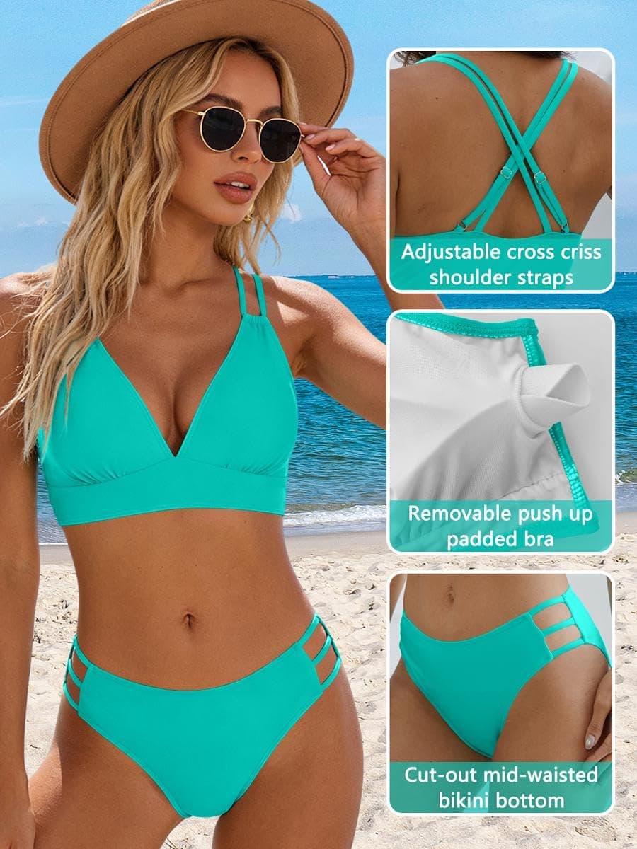 Joligiao Mujer Bikini Sexy Traje de Baño 2 Piezas Cuello en V Bikinis Brasileño con Triángulo Bañadores Bikini Top y Braga Cintura Alta Conjunto de Bikinis Playa — view 4