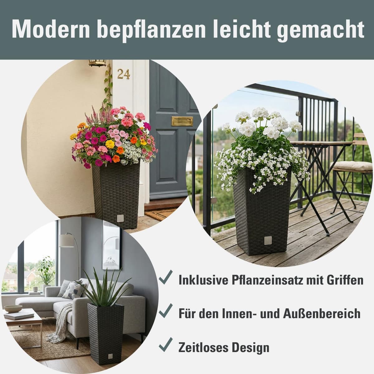 Macetero de ratán Prosperplast 26.6 L Sembradora de antracita Interior exterior con caja interior resistente a la intemperie, negro, 26.5 x 26.5 x 50 cm, DRTS265-S433 — view 2
