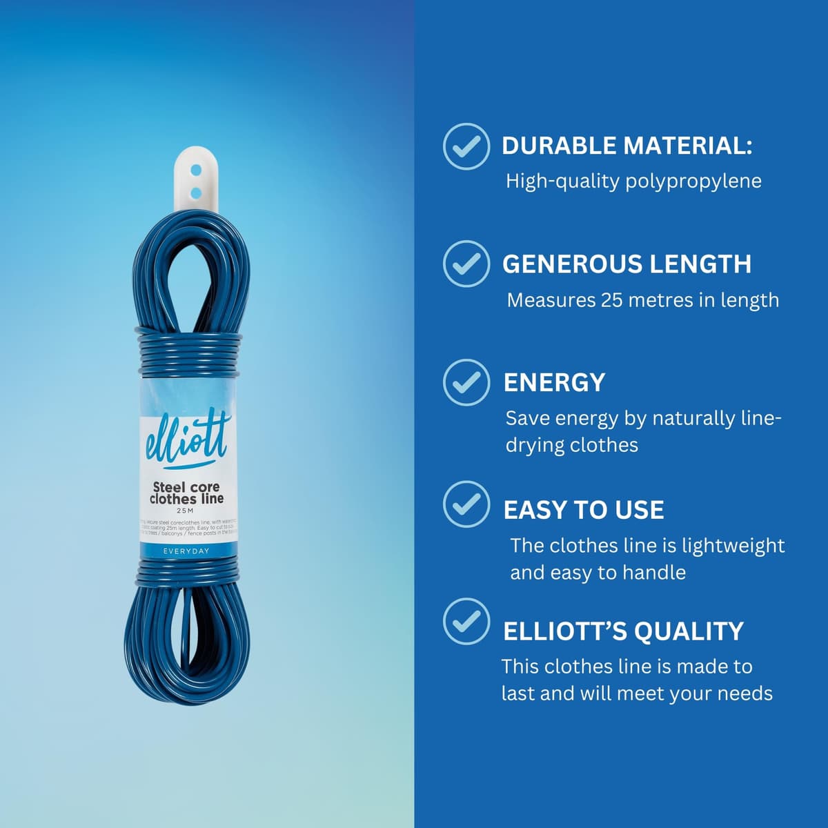 Elliott 25 metre Steel Core Clothesline in Navy - Extra Strong, Durable, and Weather-Resistant Laundry Drying Rope for Indoor & Outdoor Use, Laundry Essential — view 3
