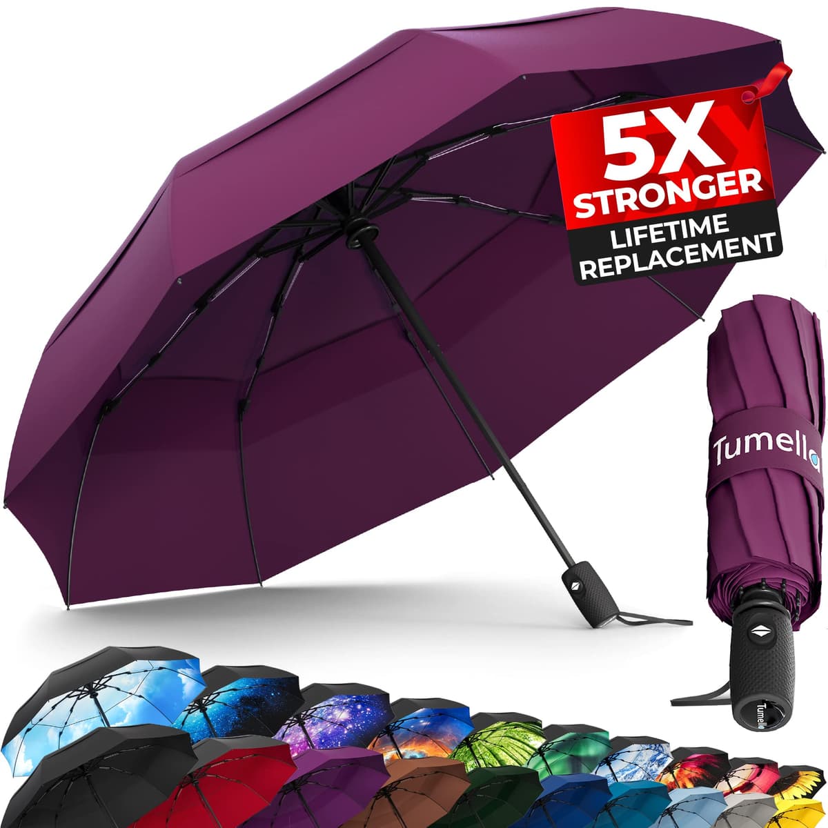 TUMELLA Strongest Windproof Travel Umbrella (Compact, Superior & Beautiful), Small Strong but Light Portable and Automatic Folding Rain Umbrella, Durable Premium Grip, Fits Car & Backpack Black — view 14