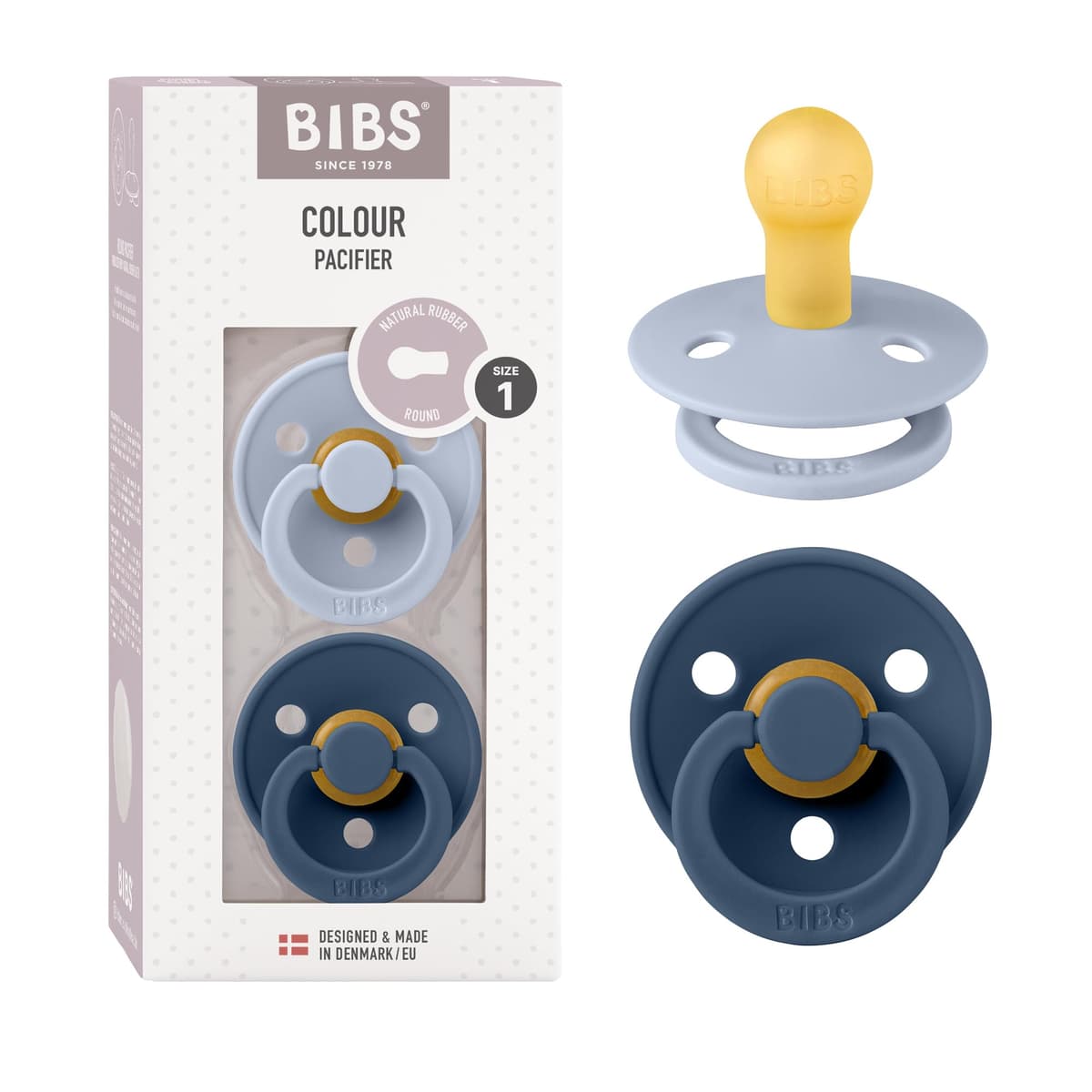 BIBS Colour Soother 2-Pack, BPA Free Dummy Pacifier, Round Nipple. Natural Rubber Latex, Size 2 (6-18 Months), Sky Blue/Steel Blue — view 12