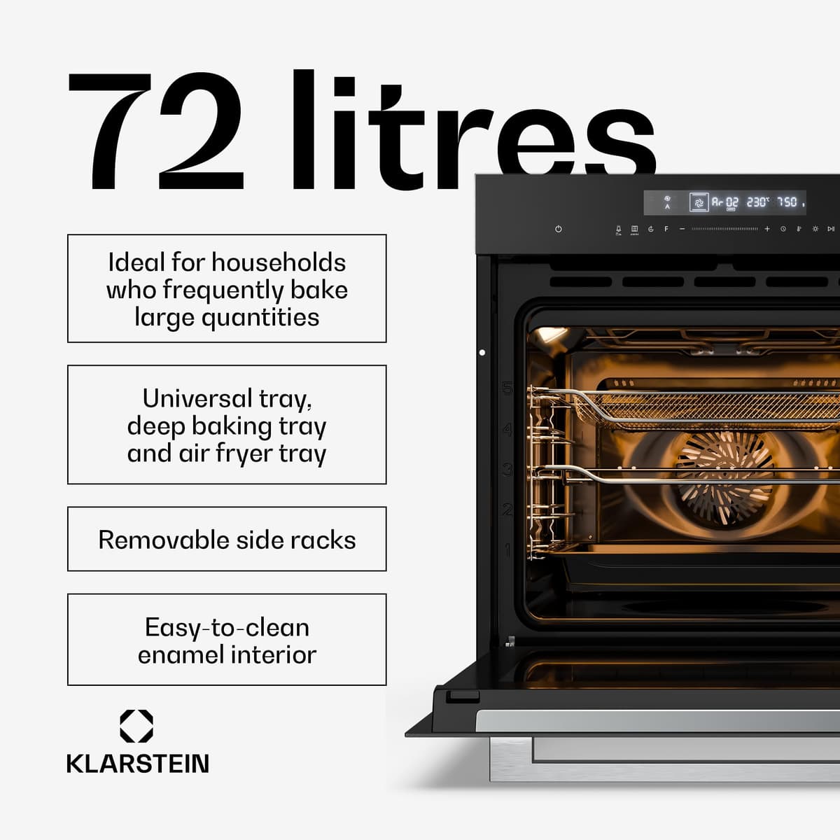 Klarstein Airjet Built In Oven - 72L Electric Oven with Airfryer Mode, 13 Cooking Functions, Touch Control, Enamel Interior, A++ Energy, Triple Glazed, Integrated Single Oven, Black — view 5