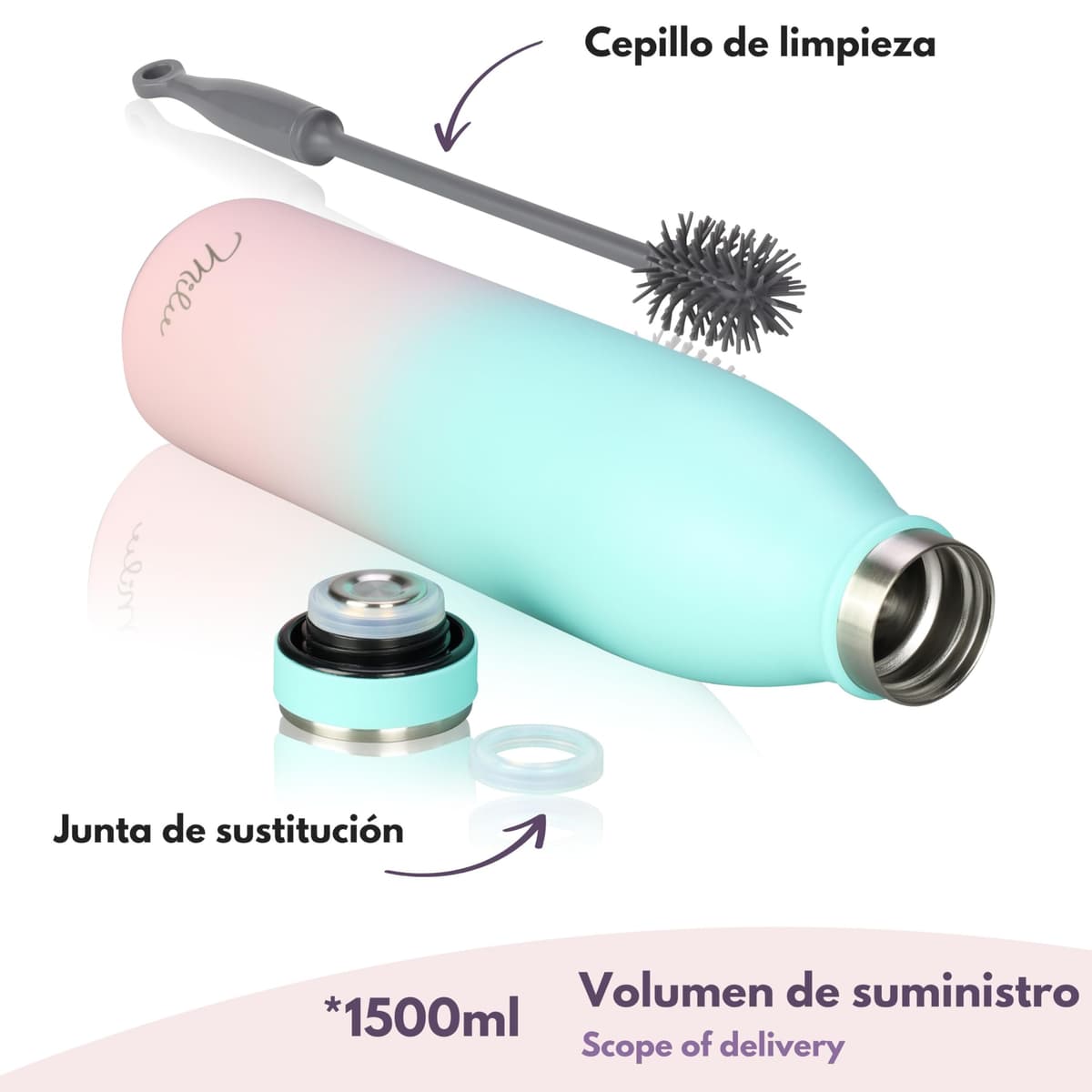 Milu Botella de acero inoxidable de 350ml 500ml 750 ml 1 L 1,5 L botella de agua aislada, termo a prueba de fugas, doble pared, apta para ácido carbónico + cepillo de limpieza (Azul Violeta, 350ml) — view 163