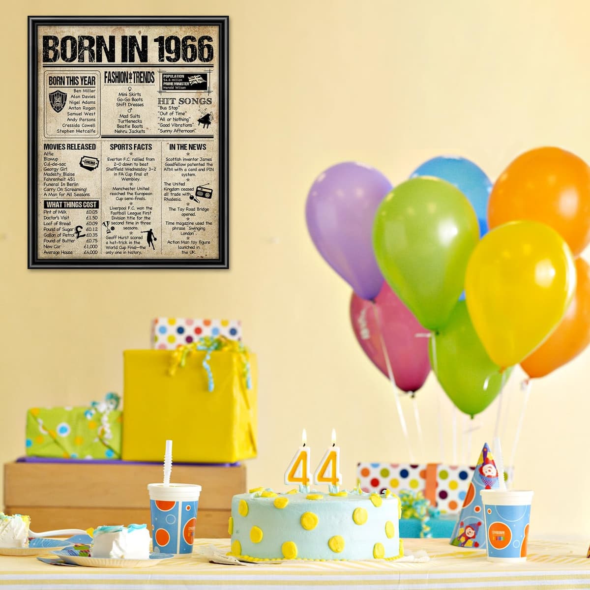 Benjia 1966 Poster Framed UK, Happy 60th Birthday Sign Card Party Decor Supplies Home Decoration Birthday Gift 60 Years Old Wedding Newspaper For Men Women (8x10 inch, Vintage) — view 5