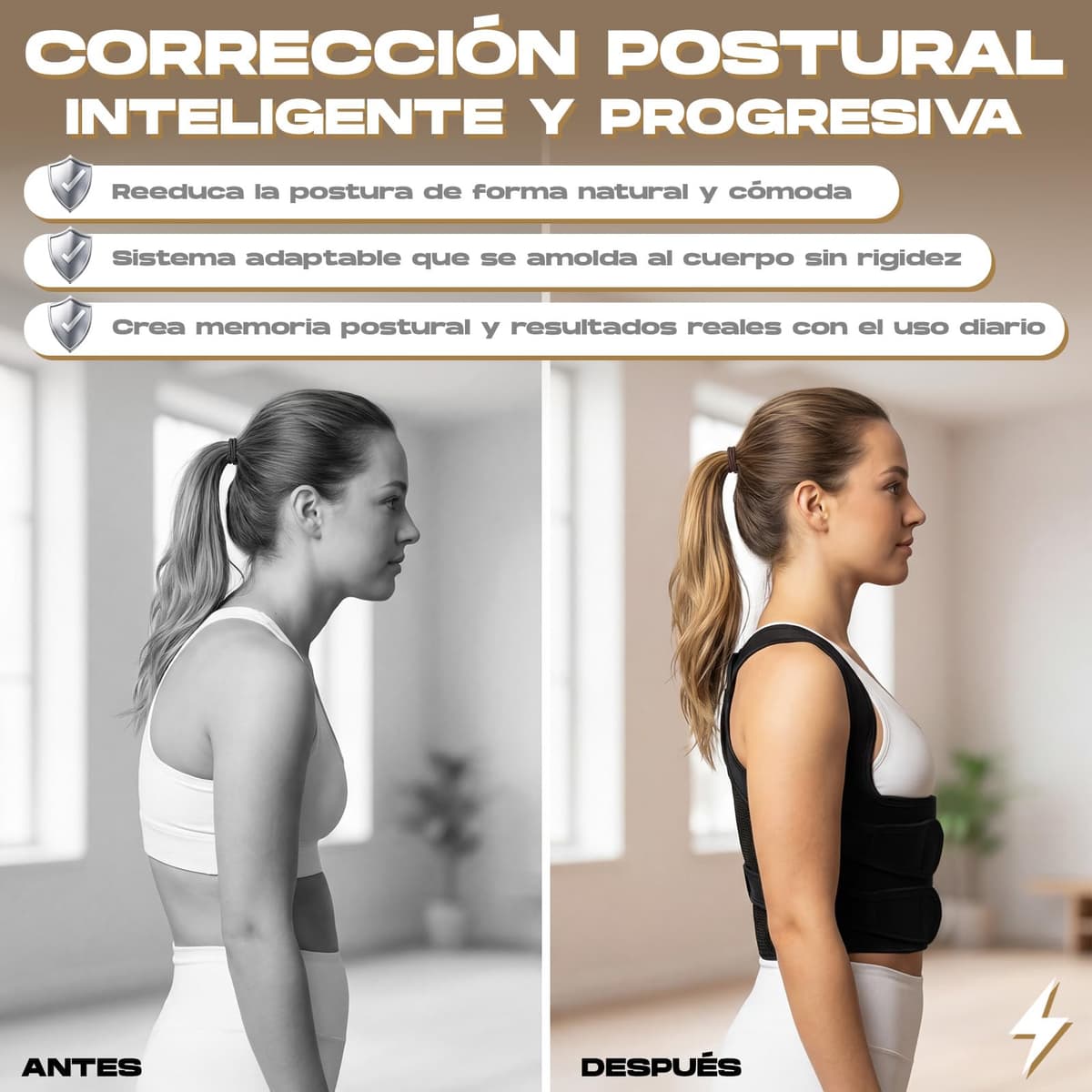 Corrector postura espalda | Corrector postura hombre mujer | Faja espalda ajustable transpirable | Espalda recta y alivio cervical | Incluye bolsa + banda elástica + almohadillas protectoras — view 3