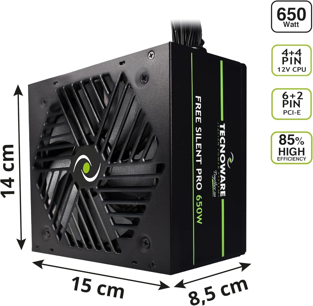 Tecnoware Power Systems Free Silent PRO 650 Power Supply for Advanced PCs with NVIDIA GeForce GTX - RTX Graphics Card, Silent Fan, PCI-E Connectors, CPU 4+4, SATA, Molex — view 2