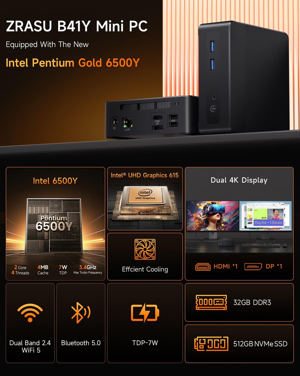 Zrasu Mini PC Desktop, Pentium Gold 6500Y (Up to 3.4GHz), 32GB DDR3 512GB M.2 SSD, Micro Computer Support 4K Dual Display, Dual WiFi, BT 5.0, Small Form Factor Business Office Home PC — view 7