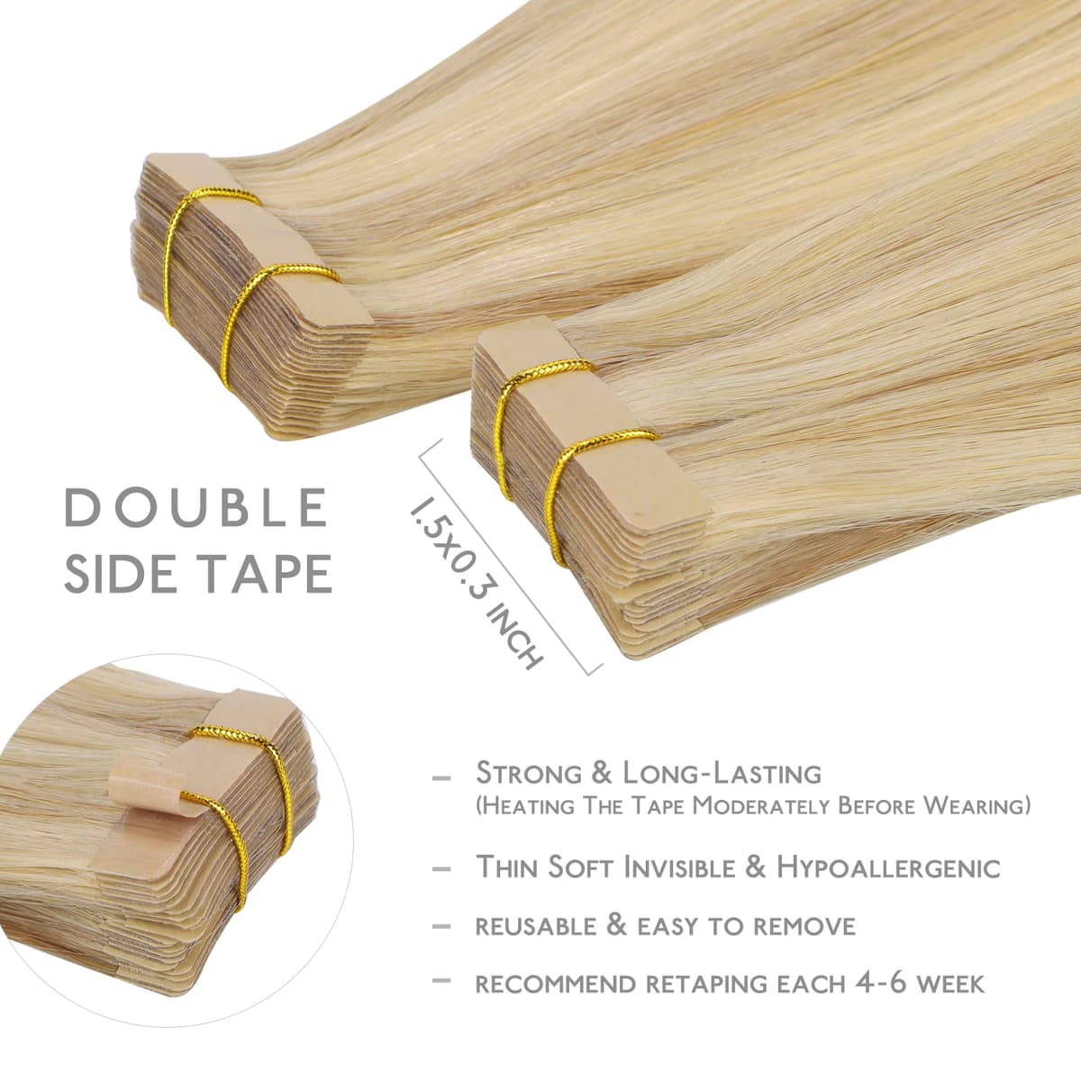 WENNALIFE Extensiones Adhesivas Pelo Natural, 55cm, 50g, 20 Piezas, Hellblond Highlights Goldblond, Extensiones Pelo Remy Cabello Humano — view 3