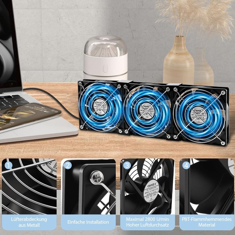 3 ventiladores de 120 mm para PC, 12 V, con enchufe de red y regulador de velocidad continuo para PC, portátil, TV, router, chasis, servidores de gabinet — view 4
