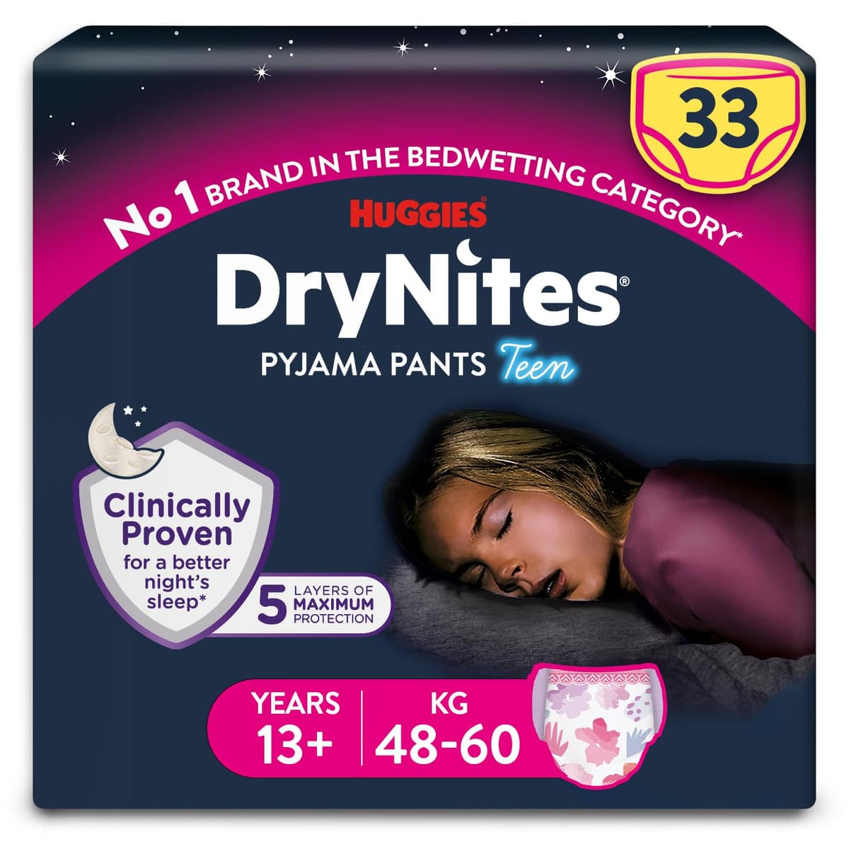 HUGGIES DryNites Pyjama Pants, Girl's 4-7 Years (17-30KG), 30 x Bedwetting Pants, Up to 100% Leak Free Nights — view 13