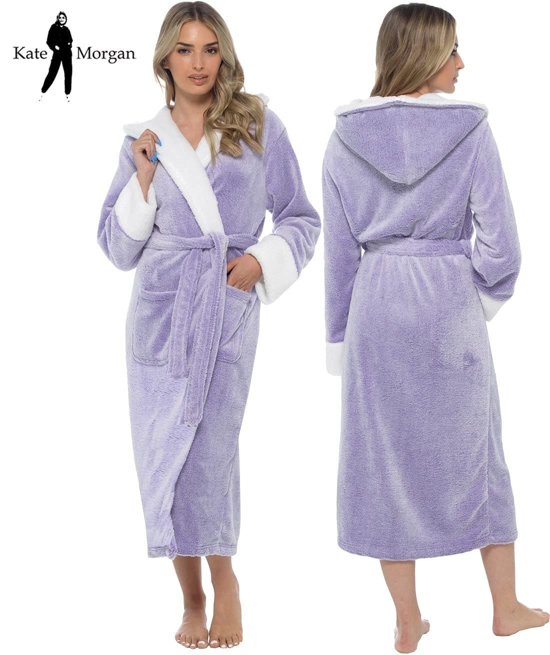 KATE MORGAN Ladies Dressing Gown Fluffy Super Soft Hooded Bathrobe for Women Plush Fleece Perfect Loungewear Long Robe | Gifts for Women — view 3