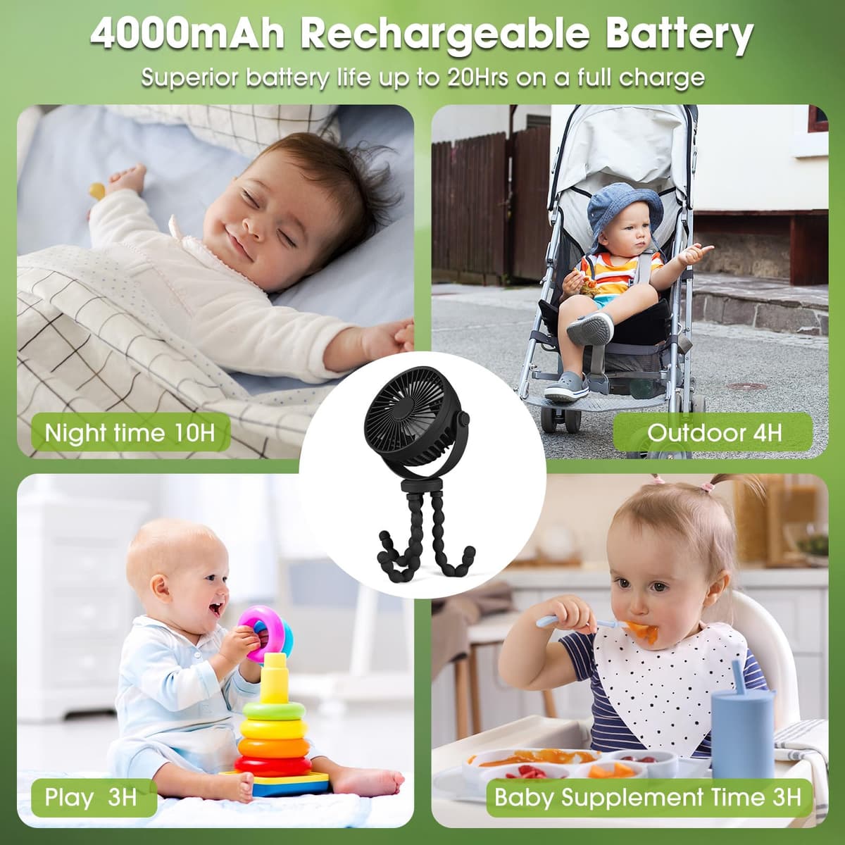 POPERFUN Portable Pram Fan,Rechargeable Stroller Fan 20H 4000mAh Clip on Fans for Infant 360° Rotate Flexible Tripod Baby Fan Handheld USB Desk Cooling Fans for Bedroom Crib Treadmill Travel Camping — view 4