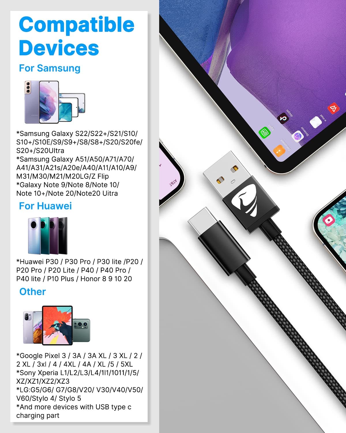 Yosou USB C Charger Cable USB A to USB C Type C Charger Fast Charging 3A Lead Braided for Samsung Galaxy S22 S21 S20,Pixel 8 7 6,PS5,Switch 1M 2Pack Black — view 3