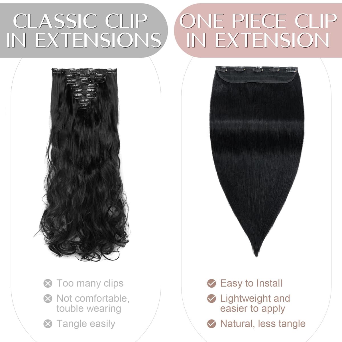 20"(50cm) SEGO Extensiones de Clip de Pelo Natural Una Pieza GRUESA con 5 Clips [#1 Negro Intenso] Remy Cabello Humano Liso (95g) — view 4