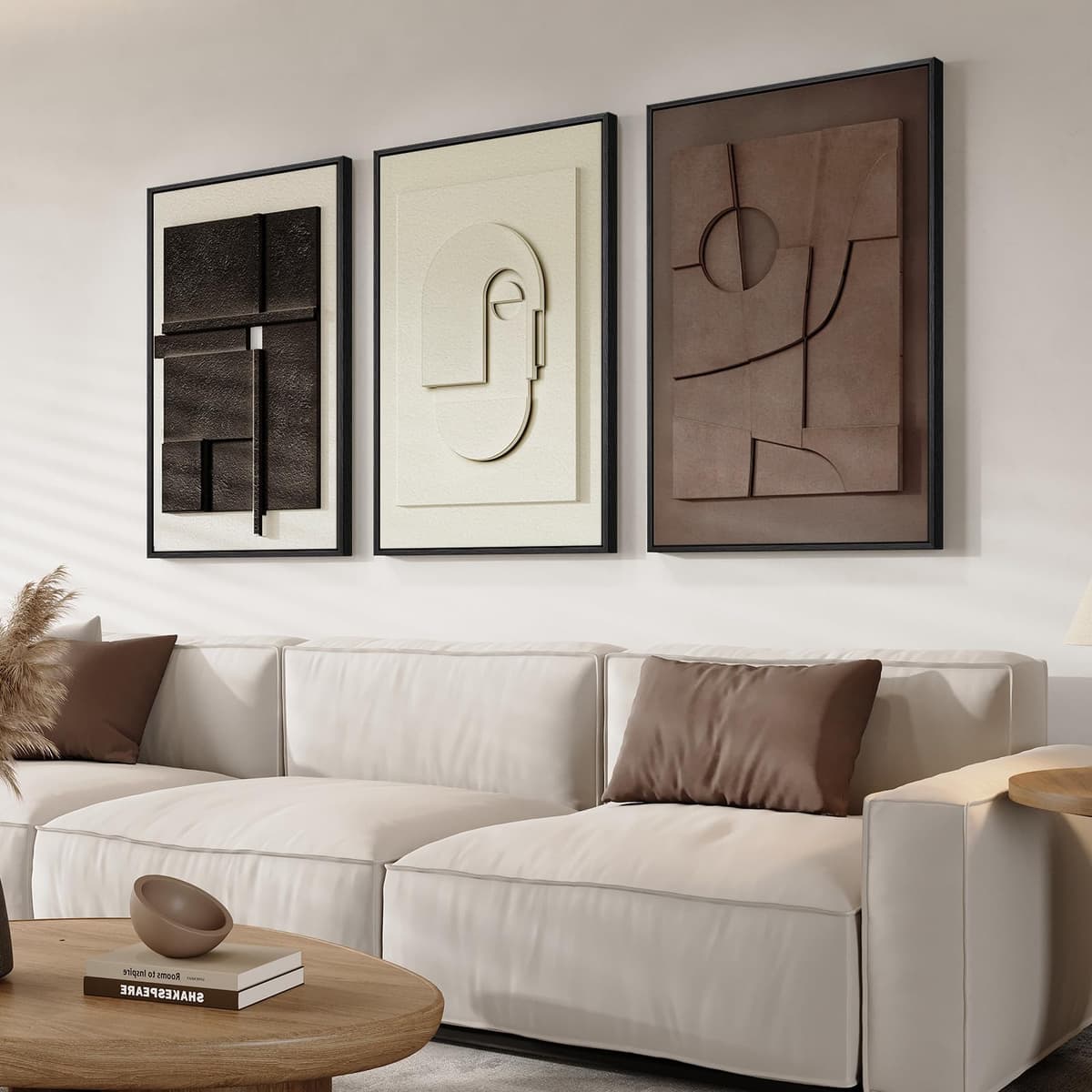 Large 3D Textured Framed Abstract Wall Art for Living Room, 3 Piece Modern Paintings Artwork for Walls, Black White Brown Geometric Sandstone Texture Pictures for Hallway Office Home Decor 24x36 In — view 50