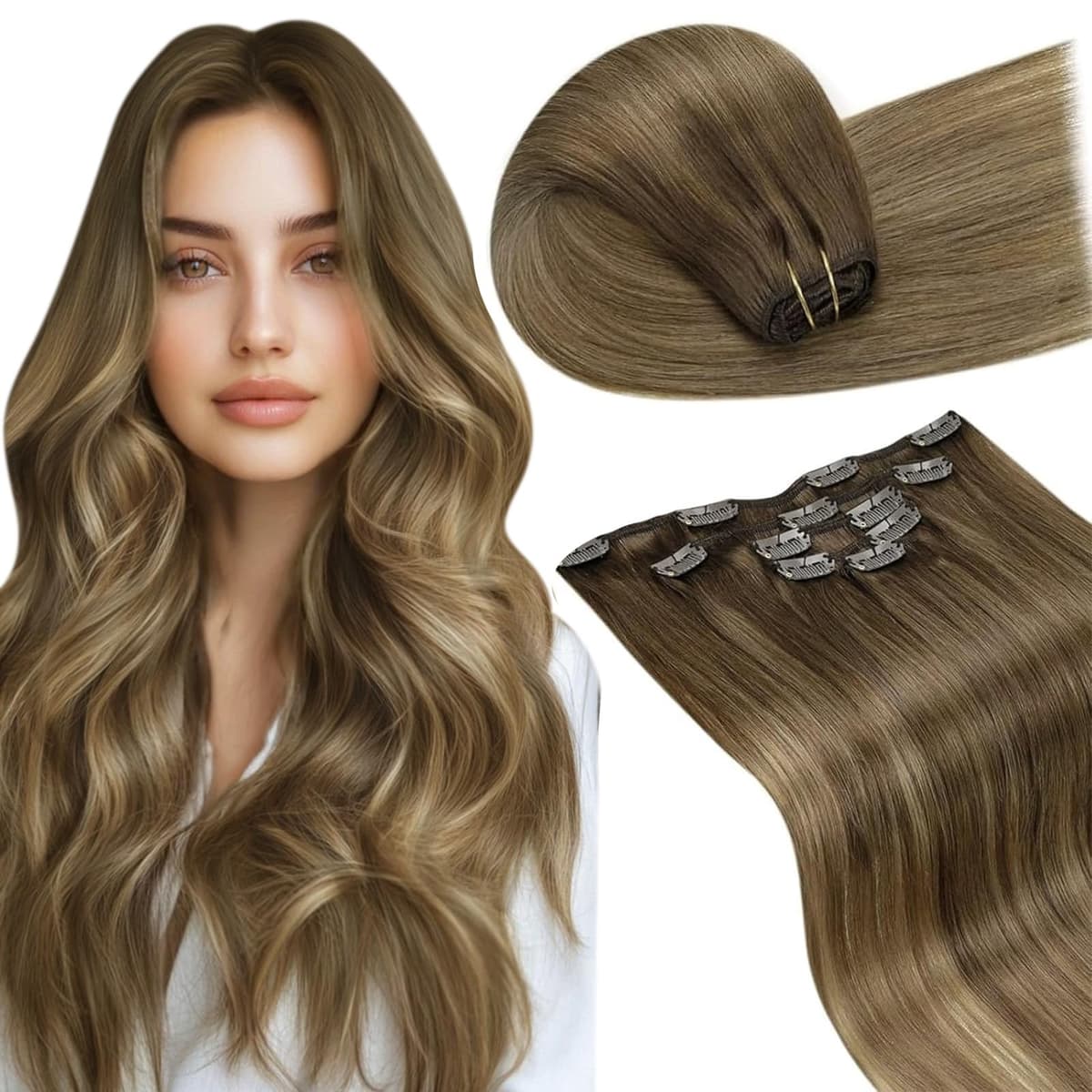 LaaVoo Hair Extensions Clip in Real Human Hair Brown Clip in Hair Extensions Dark Brown Remy Straight Hair Full Head Double Weft 80g 5pcs 14 Inch #4 — view 13