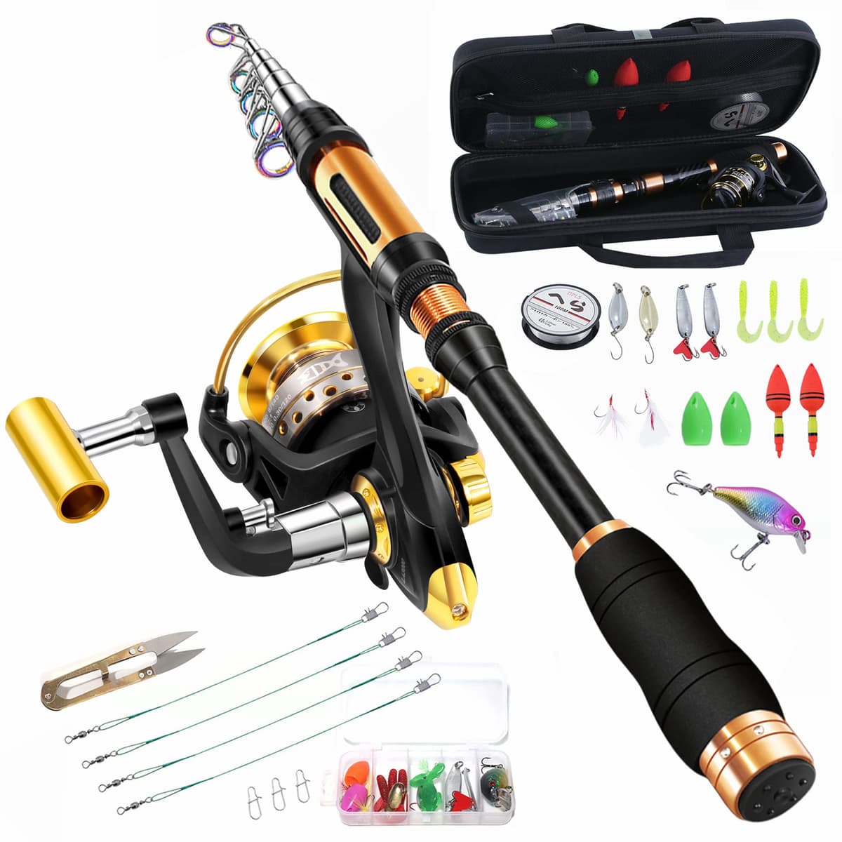 BNTTEAM caña de Pescar telescópica Juego Combinado de Carrete Giratorio Bolsa de señuelos de línea de Carbono para mar río de Agua Dulce — view 10