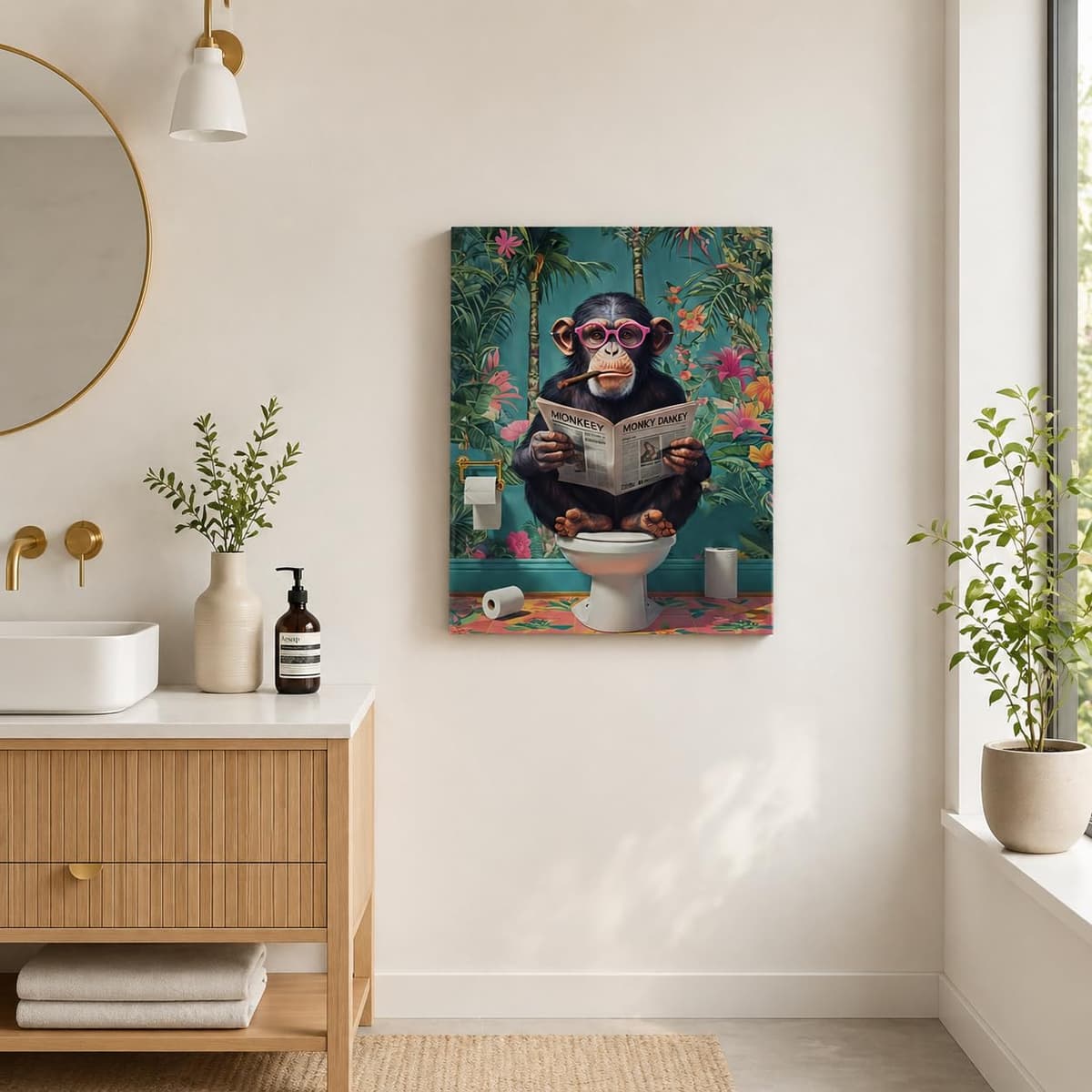 Qiukoo Funny Monkey Bathroom Wall Art – Waterproof Framed Canvas with Hanging Hooks, Toilet Wall Picture of Monkey Reading Newspaper, Humorous Bathroom or Toilet Decoration, 12 x 16 Inches — view 4